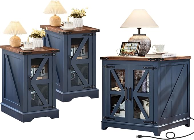 Farmhouse End Table Set 3, Narrow 18'' Night Stand with Glass Barn Door, 24" Square Side Table with Charger Station, Living Room Furniture Sets, Wood Nightstand Bedside Tables for Bedroom