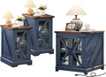 Farmhouse End Table Set 3, Narrow 18'' Night Stand with Glass Barn Door, 24" Square Side Table with Charger Station, Living Room Furniture Sets, Wood Nightstand Bedside Tables for Bedroom