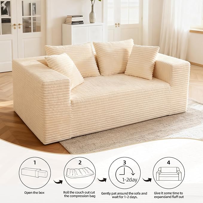 Boneless Cloud Couch Sofa, 2 Seater Deep Seat Modern Lounge Sleeper Couch, No Assemble, Corduroy Compression Upholstered Couches for Living Room, Bedroom, Apartment, Dorm, Office