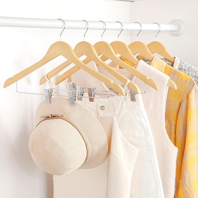 TOPIA HANGER Wooden Suit Hangers with Adjustable Metal Clips (20 Pack), Solid Smooth Wood Clothes Hangers, 360° Swivel Hook, Premium Pants Hangers for Clothes Coat, Jeans, Blouse-Natural, CT28N20