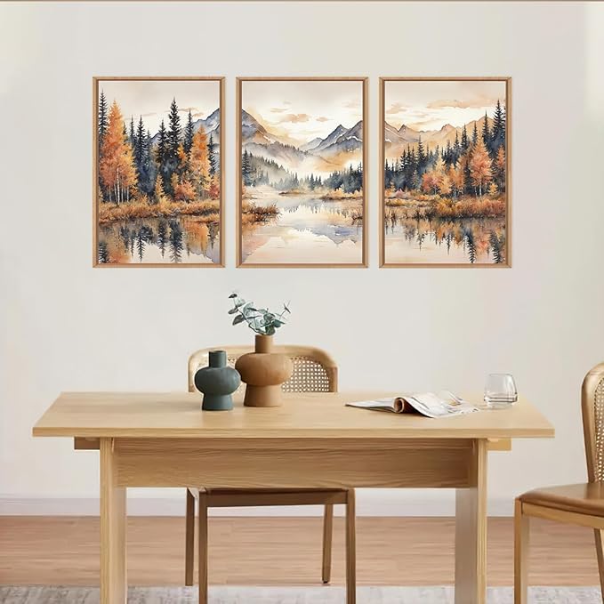 LHIUEM Large Neutral Mountain Framed Canvas Wall Art,Nature Foggy Forest Wall Decor,Watercolor Autumn Landscape Wall Painting,Woodland Artwork for Living Room,Bedroom,Dining Room,Office -16"x24"x3