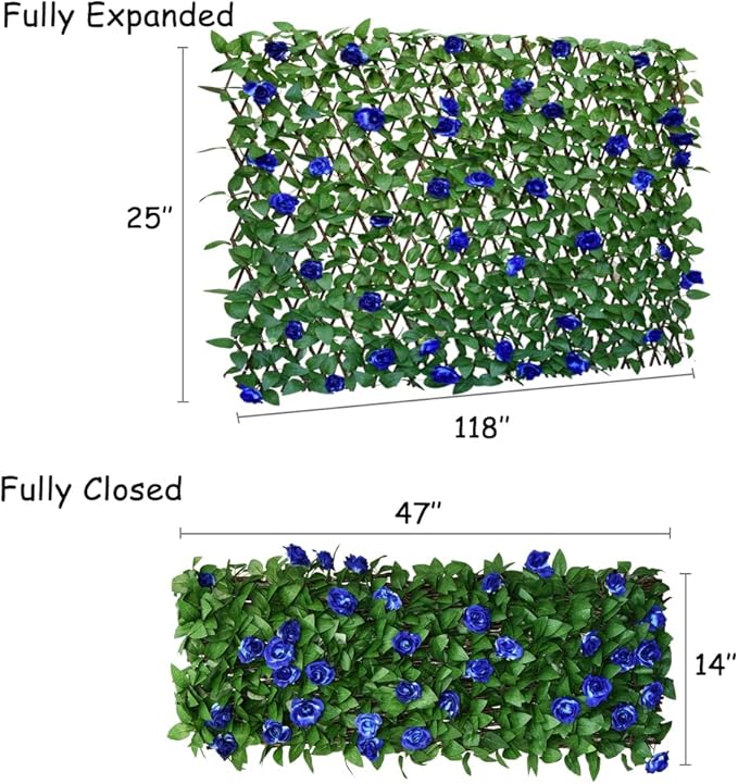 Sumery Expandable Fence Privacy Screen for Balcony Patio Outdoor,Decorative Faux Ivy Fencing Panel,Artificial Hedges (Single Sided Leaves) (2, Blue Flowers)