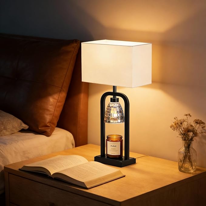 PoKat Table Lamps with Candle Warmer for Bedroom, Farmhouse Bedside Lamps Set of 2 for Night Stands, 21.5'' Bedroom Lamps Decor for Living Room, Bathroom, Dinning, Bulbs Included, Matte Black