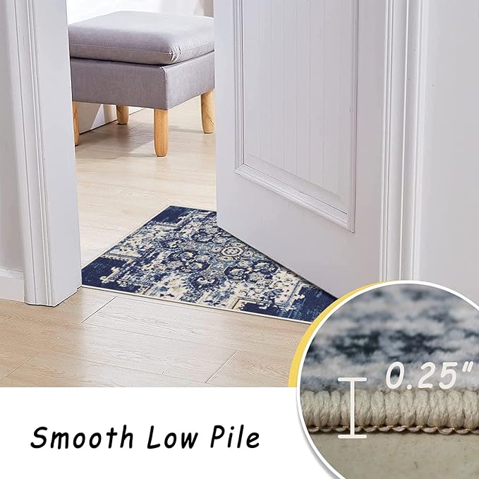 vivorug 9x12 Area Rugs for Living Room, Non Slip Machine Washable Vintage Navy Blue Rug, Ultra-Thin Lightweight Large Area Rug for Bedroom, Dining Room, Low Pile Rug