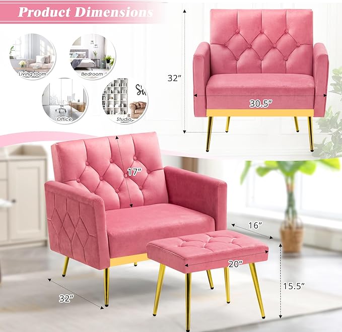 Velvet Accent Chair w/Adjustable Armrests and Backrests, Tufted Single Sofa with Ottoman, Upholstered Reading Chiar for Living Room, Apartment, Bedroom, Pink