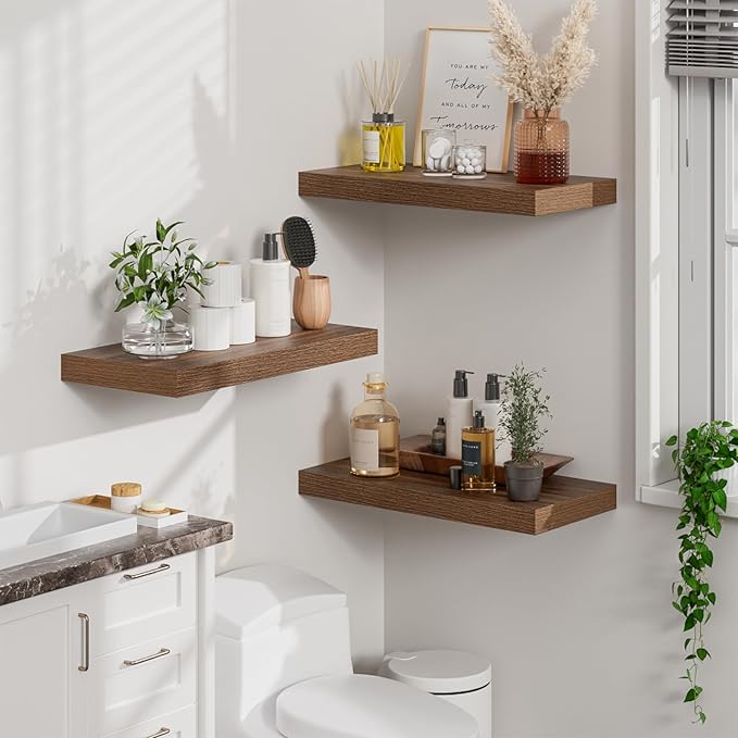 Heimlove 12" Deep Walnut Floating Shelves for Wall, 24 Inch Shelf Bathroom Shelves Set of 2, Mounted Shelves for Books Living Room Laundry Room Bedroom Kitchen Home Office