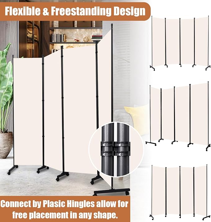 Room Divider Folding Privacy Screens with Wheels, 6FT Tall Divider for Room Separation, Movable Room Partitons and Dividers, Indoor Room Dividers Panel with Fabric (Beige, 4 Panel-88‘’-Wheels)