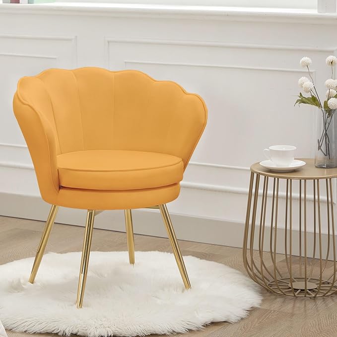 Velvet Vanity Chair with Back, Mid-Century Modern Small Accent Chair for Living Room, Golden Metal Legs Upholstered Makeup Chair, 1Pcs Bedroom Armchair, Brown