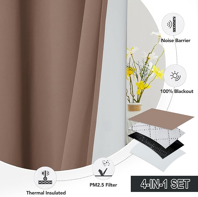 RYB HOME Soundproof & Dust Particle Filtering Curtains 100% Blackout Thermal Insulated Window Treatment Air Filter Drapes for Bedroom Living Room Kids Nursery, Mocha, W52 x L63 inch, 2 Panels