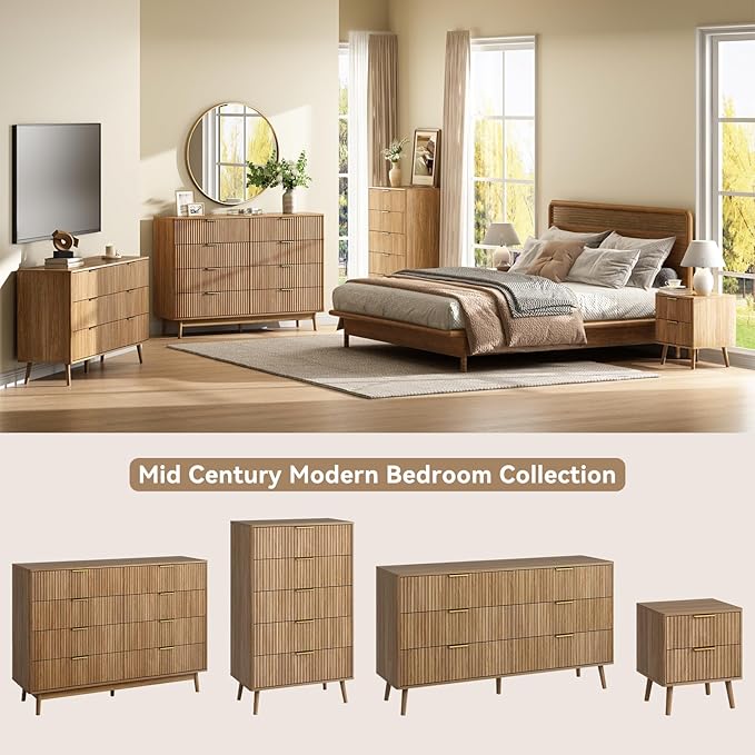 CARPETNAL Fluted 8 Drawer Dresser for Bedroom, 55" Wide Wooden Chest of Drawers with Rounded Corners, Gold Handles, Modern Storage Organizer for Bedroom, Hallway(Walnut)
