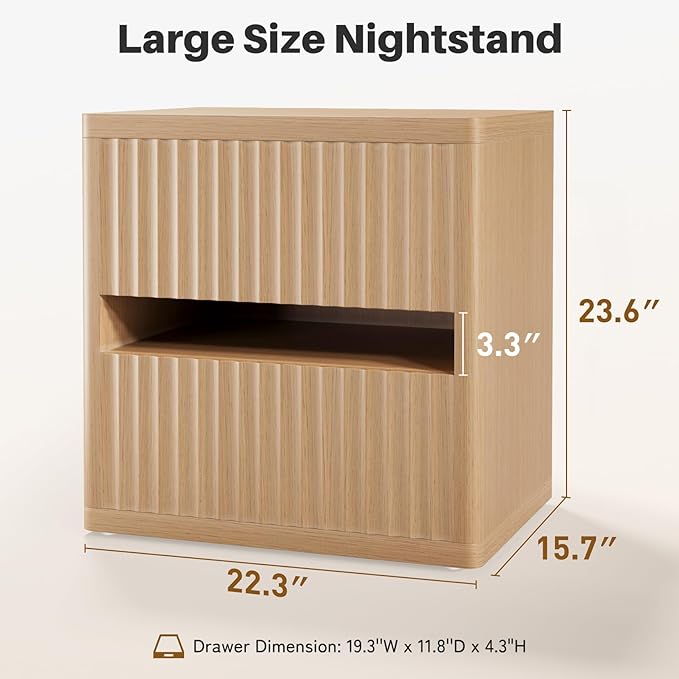Dripex Fluted Nightstand Set of 2 with Drawers Storage, Large Wide Wood Night Stand Bedside Tables for Bedroom, Mid-Century Modern Bed Side Table, End Tables for Living Room Sofa Couch, Natural Oak