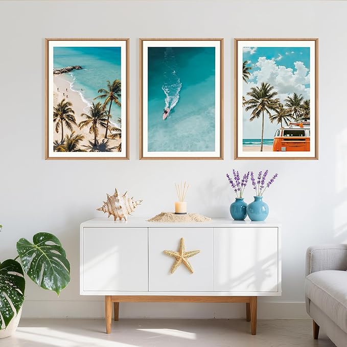 LHIUEM Large Nature Surfboard Beach Framed Canvas Wall Art,Summer Ocean Surfing Wall Decor,Palm Trees Wall Painting,Modern Picture Artwork for Living Room,Bedroom,Dining Room,Office -24"x36"x3