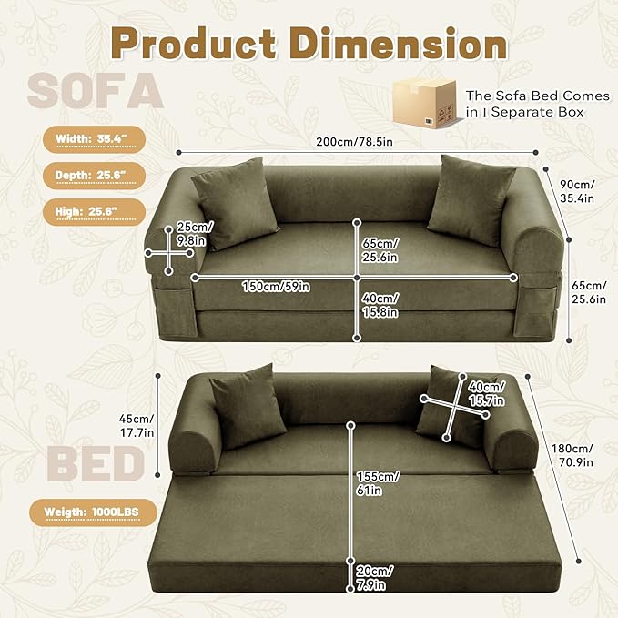 Convertible Folding Sofa Bed,78.5 Inch Faux Leather Futon Couch with Pillows & Storage Pocket,5-in-1 Queen Sleeper Sofa in a Box with Pull Out Bed,Boneless Couch for Living Room Bedroom,Green