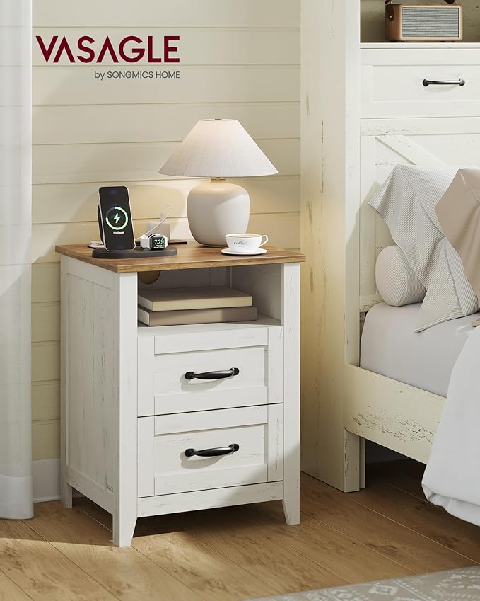 VASAGLE LIRY Collection - Farmhouse Nightstand with Charging Station, Bedside Table, Side Table with 2 Drawers, Open Compartment, for Bedroom, Rustic White and Honey Brown ULET669W01
