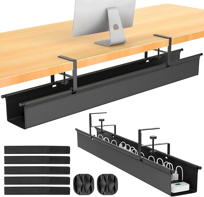 Large Under Desk Cable Management Tray, REFLYING 43.7" Cable Management Under Desk No Drill,Adjustable Clamp Cord Wire Organizer, Cord Hider for Standing Table, Wire Hider for Office,Home (Large)