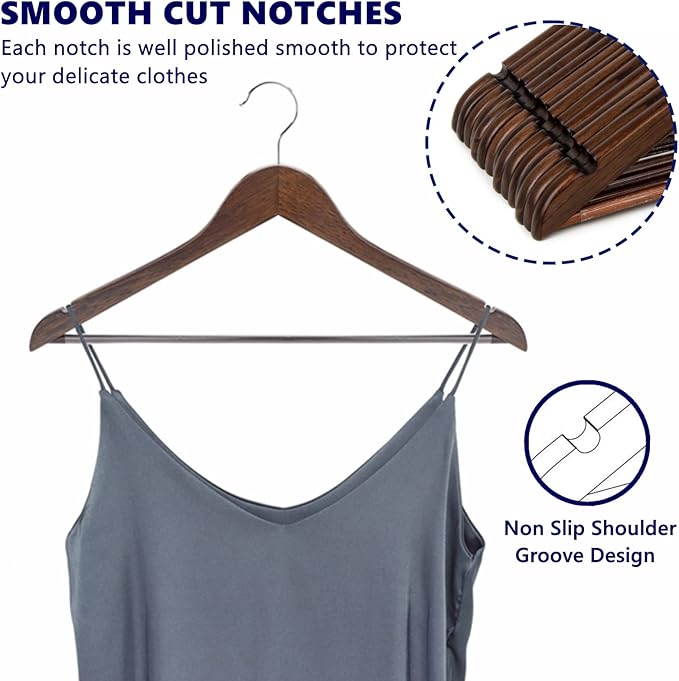 Amber Home 20 Pack Vintage Wooden Coat Hangers, Walunt Wood Suit Hangers with Non Slip Pant Bar, Clothes Hangers for Shirts, Jackets, Dress, Pant (Retro, 20)