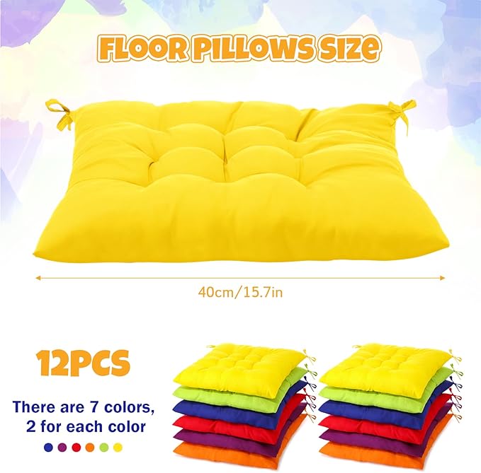 Geetery 12 Pcs Floor Pillows for Classroom Bulk Square Seating Cushions for Floor Chair School Kindergarten Reading Corner, 15.7'' Large Thick Meditation Cushions Yoga Nursery Daycare (Colorful)