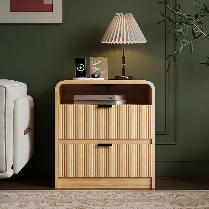 FURSUN 24" Fluted Nightstand Set of 2 with Charging Station, Wooden End Table with 2 Drawers Storage, Curved Profile Design, Modern Bedside Cabinet for Bedroom, Natural Oak