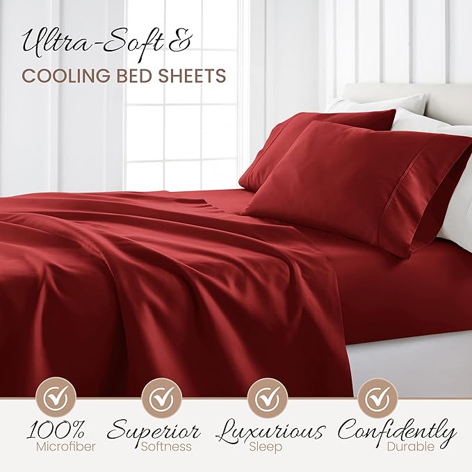 Linen Market Brushed Microfiber Twin XL Sheet Set 3 Piece – Oeko-TEX Certified Ultra Soft & Wrinkle-Free - 16" Deep Pocket Sheets - Easy Care Twin XL Size - Burgundy
