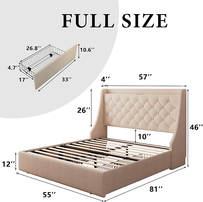 iPormis Full Size Bed Frame with 4 Storage Drawers, Upholstered Platform Bed Frame with Type-C & USB Ports, Wingback Storage Headboard, Solid Wood Slats, No Box Spring Needed, Beige