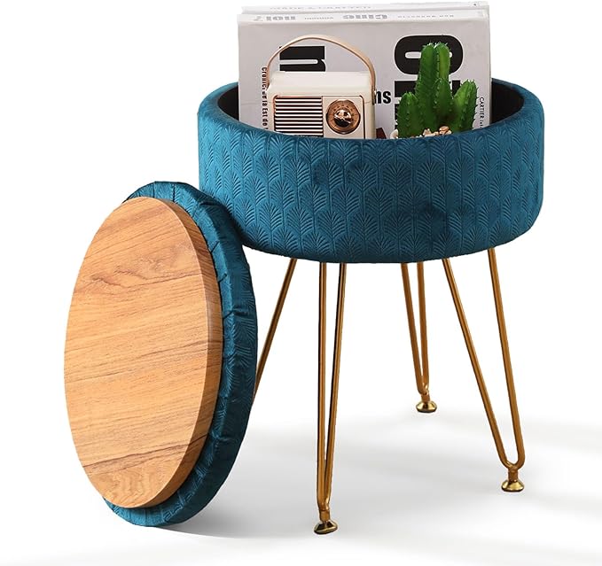 Cpintltr Velvet Storage Ottoman Round Footrest Stool Multifunctional Upholstered Ottoman Modern Accent Vanity Stools Tray Top Coffee Table Suitable for Living Room Bedroom