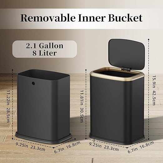 2.1 Gallon Bathroom Trash Can with Lid Press Top, 8 Liter Stainless Steel Garbage Can with Press Type Lid, Slim Trash Bin Waste Basket for Toilet, Office, Bedroom, Living Room (Black)
