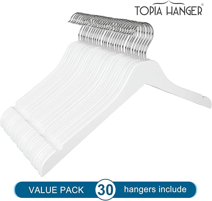 TOPIA HANGER White Wooden Hangers 30 Pack, 0.28 inch Slim Wood Clothes Hanger with Flat Design and Smooth Notches, Lightweight & Durable Space Saving Hangers for Shirt, Coat, Camisole-CT31W