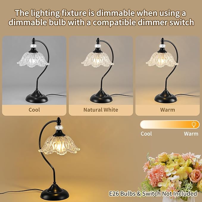 Table Lamp for Bedroom,Crystal Glass Beside Lamp,Plug in Dimmable Black Lamp Flower Nightstand Lamp for Living Room, Office, Desk, Home Decor