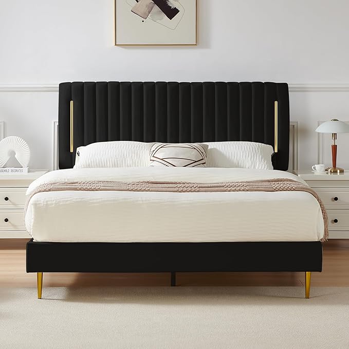 Twin Platform Bed Frame, Velvet Upholstered Bedframe with Vertical Channel Adjustable Headboard, Golden Plating Trim, Mattress Foundation with Wooden Slats, No Box Spring Needed, Black