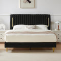 King Platform Bed Frame, Velvet Upholstered Bedframe with Vertical Channel Adjustable Headboard, Golden Plating Trim, Mattress Foundation with Wooden Slats, No Box Spring Needed, Black