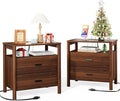 FavourLife Night Stand Set 2, 23" Wide Nightstands Set of 2, Walnut Nightstand with Charging Station, 2 Drawer Wooden End Table with Solid Round Post Legs & Open Shelf,Modern Bedside Table for Bedroom