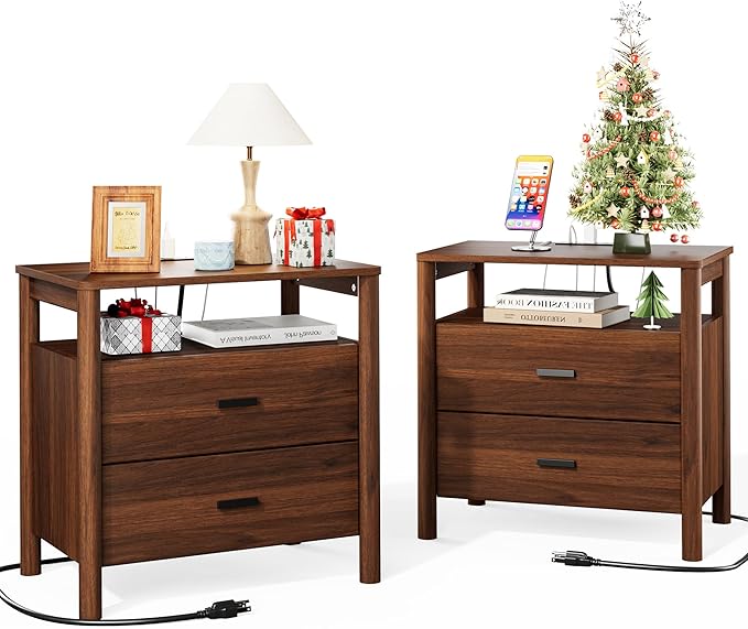 FavourLife Night Stand Set 2, 23" Wide Nightstands Set of 2, Walnut Nightstand with Charging Station, 2 Drawer Wooden End Table with Solid Round Post Legs & Open Shelf,Modern Bedside Table for Bedroom