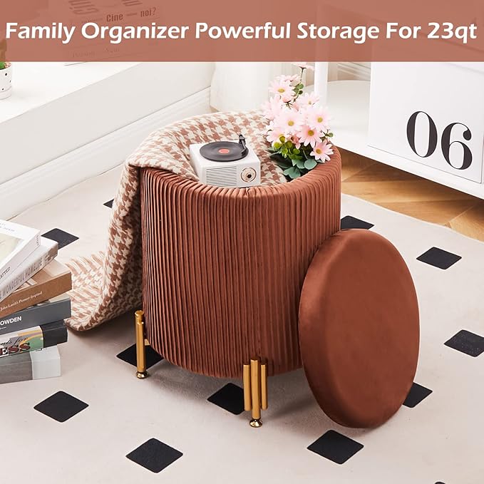Mxfurhawa Round Ottoman Foot Stool with Storage and Metal Legs for Living Room Bedroom, Velvet Upholstered Footrest Stool Support 300lbs Modern Padded Seat Ottoman Coffee Table (Caramel)