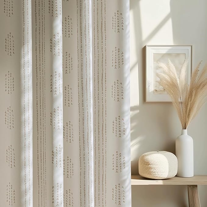 100% Boho Blackout Curtains 84 Inches Long for Bedroom, Taupe on Beige Patterned Bohemian Curtains for Living Room, Geometric Striped Thermal Insulated Window Drapes Gromment Top 2 Panels