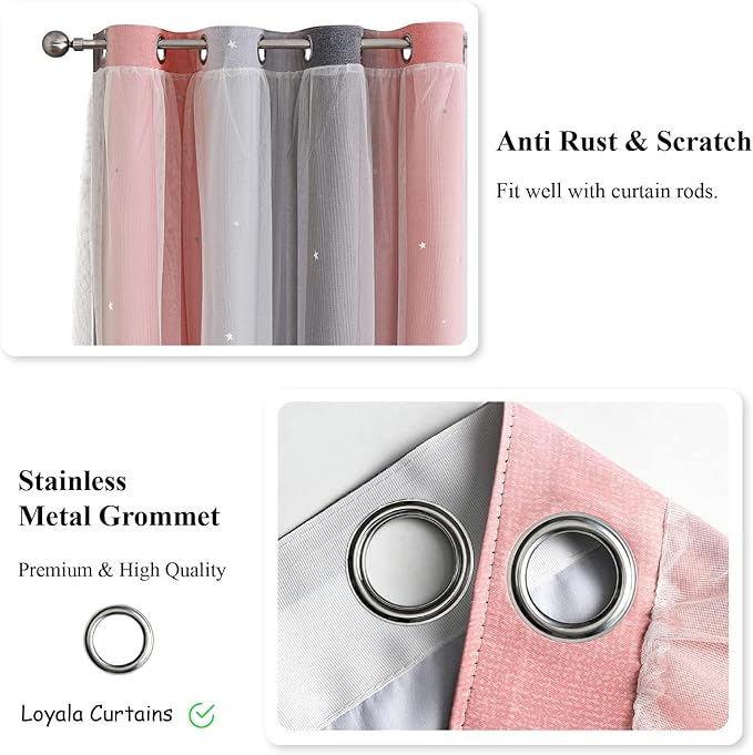 Star Curtains Blackout Curtains for Bedroom Cute Curtains Kids Curtains Rainbow Curtains, Curtains 96 Inches Long 2 Panels, Pink & Grey Curtains, 42 X 96 Inches
