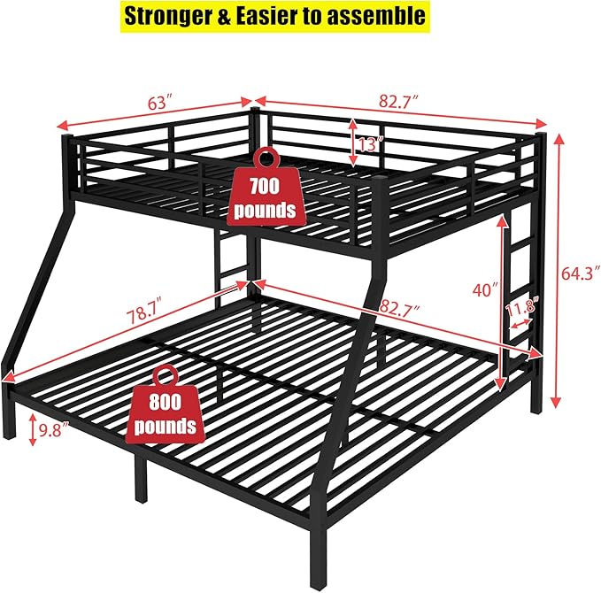 SIGONE Stronger & Safer Heavy Duty Queen Over King Size Bunk Bed for Adults Teens, Thickened More Stable Metal Bunkbed Frame (Greater Weight Capacity) (Queen Over King)