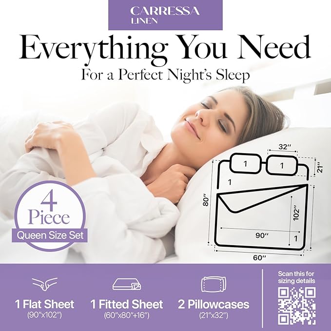 Carressa Linen 100% Egyptian Cotton Queen Sheet Set - 600 Thread Count Egyptian Cotton Queen Sheets Set (4 PC, Indigo), Ultra Soft, Cooling, 16" Deep Pocket Sateen Weave Luxury Hotel Bed Sheet