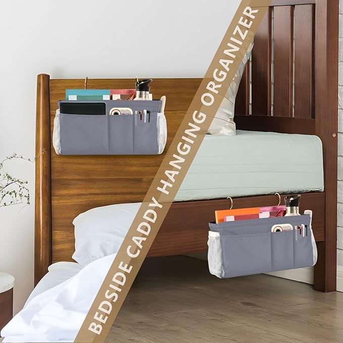 KOPIRIT Grey Bedside Caddy Storage Bag Bedside Organizer for Dorm Room Top Bunk Bed Organizer Caddy Hanging Shelf 6 Pockets with Hooks for Book Glasses Phone Holder