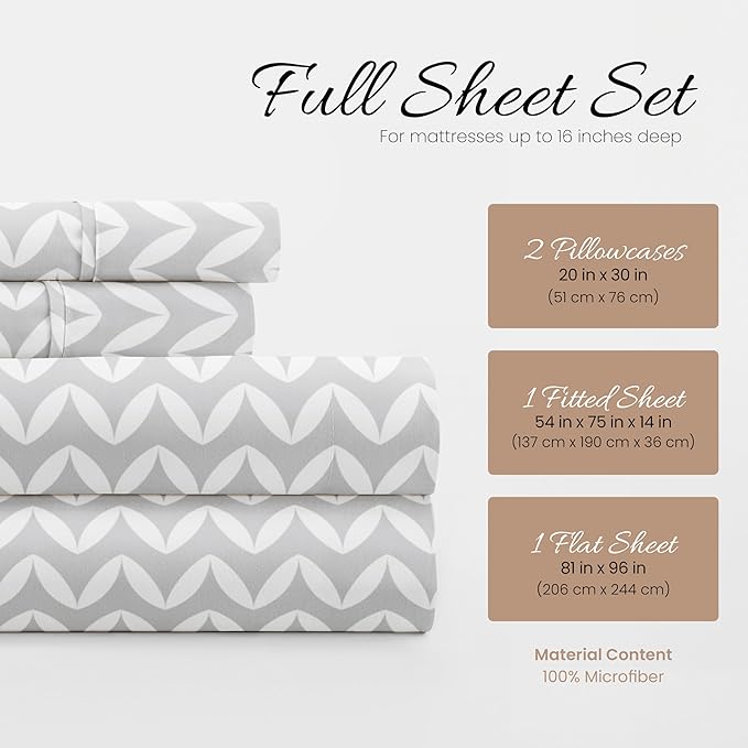 Linen Market Double-Brushed Patterned Microfiber Full Sheet Set 4 Piece – Oeko-TEX Certified Ultra Soft & Wrinkle-Free - 16" Deep Pocket Sheets - Easy Care Full Size - Puffed Chevron Light Gray