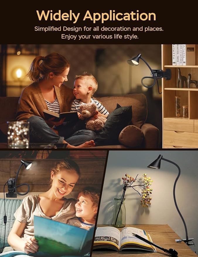Clip on Light USB Reading Light, Eye Care Dimmable Reading Lamp 3 Color & 10 Brightness Levels Flexible Gooseneck Clip on Lamp for Bed Headboard Desk Bedside Dorm - Black
