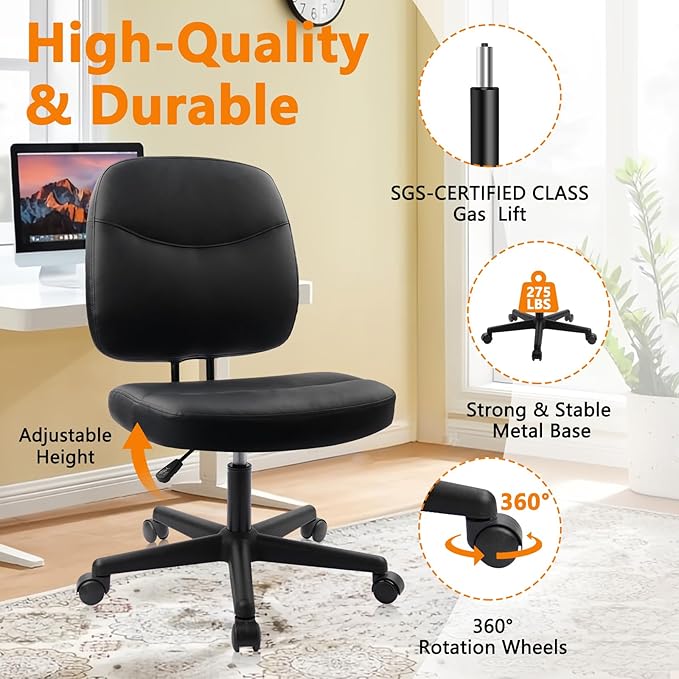 CLATINA Armless Home Office Chair, Small PU Leather Ergonomic Low Back Desk Chair with Lumbar Support and Wheels, Adjustable Height 360° Swivel Rolling Computer Task Chair, Black, 8 Pack