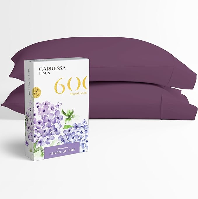 Carressa Linen 100% Egyptian Cotton King Size Pillow Cases Set of 2 - Luxury 600 Thread Count King Pillowcases (Plum), Silky Soft, Cooling, Breathable Sateen Weave Hotel Quality Bed Pillow Cover