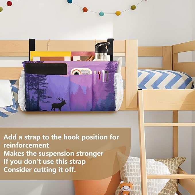 Bedside Caddy Hanging Bunk Bed Caddy Bed Organizer Hanging Pocket with 2 Hooks Bedside Storage Organizer Pocket Bag Holder Purple Stag Mountains and Forest