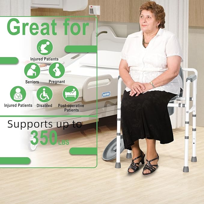 ZOLIQUEX 3 in 1 Bedside Commodes Chair for Seniors with Arms, Portable Width 21.5'' Steel Potty Chair for Elderly Adults with 5 Adjustable Height, Supports Up To 350lb, 6QT Bucket, Tool-Free Assembly