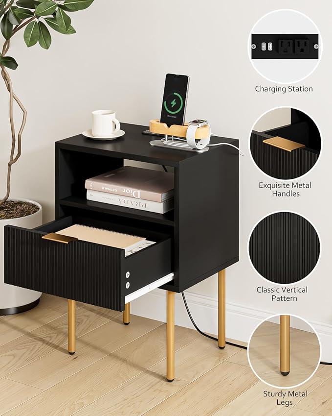 Masupu Nightstand with Charging Station,Mid-Century Modern Bedside Table with Storage Drawer and Open Wood Shelf,Small Gold Frame Side Table for Bedroom,Living Room (Black)