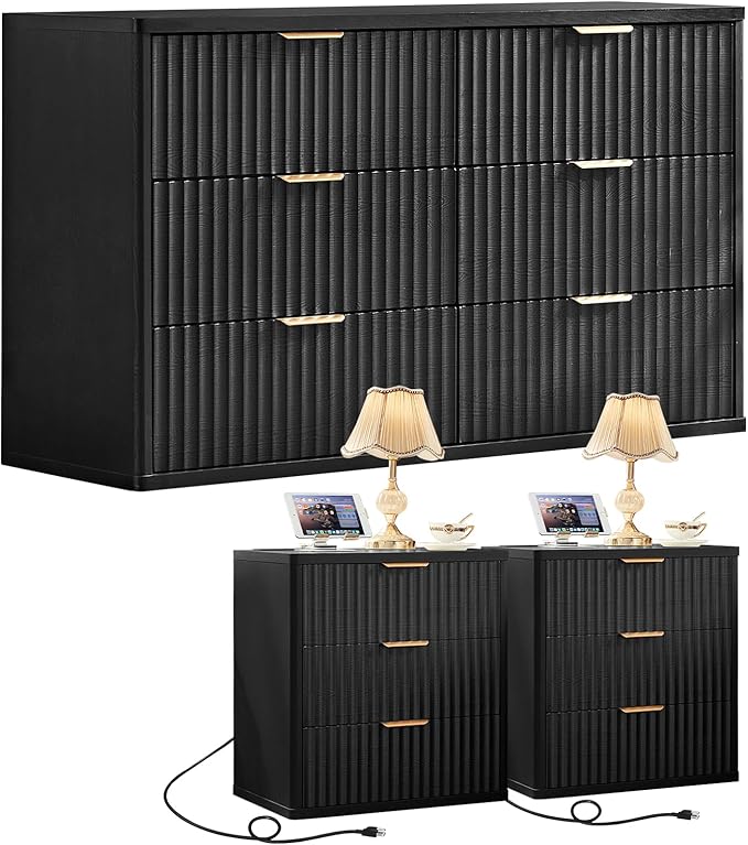 LEYAOYAO 48" Wide Fluted Dresser and 3 Drawers 23" Nightstand Set of 2, Wooden Dresser & Night Stand with Charging Station, 3 Piece Bedroom Furniture Set, Wood Chest of Drawer for Living Room,Black