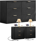LEYAOYAO 48" Wide Fluted Dresser and 3 Drawers 23" Nightstand Set of 2, Wooden Dresser & Night Stand with Charging Station, 3 Piece Bedroom Furniture Set, Wood Chest of Drawer for Living Room,Black