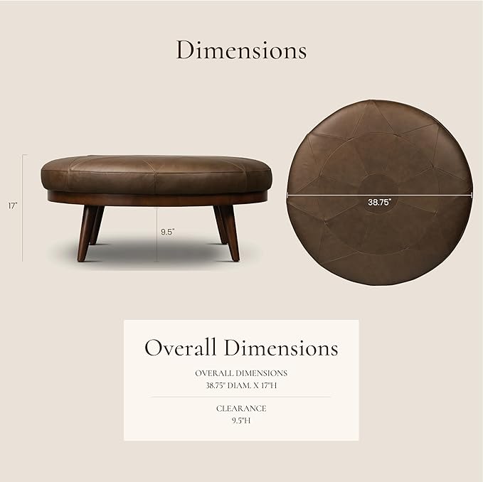 Poly & BARK Gio Ottoman – 30” Round with Feather-Down Topper – Full-Grain Leather Upholstery – Couch Ottoman for Living Room – Vintage Italian Leather in Cocoa Brown