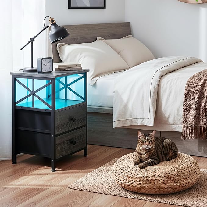 AMHANCIBLE Night Stand Set 2, LED Nightstand with Charging Station, End Tables Living Room with Fabric Drawers, Bed Side Table for Bedroom, Dark Grey HET052LDG