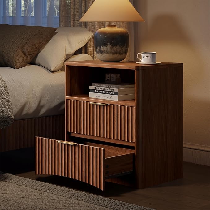 Evermagin Fluted Nightstand Set of 2 with Charging Station, Walnut Bedside Table with 2 Drawers, Wood End Table with Storage Mid Century Modern, Large Night Stand for Bedroom